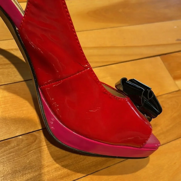 Anne Klein patent faux leather red/pink/black colorblock sling back heels. Sz 9 - Picture 7 of 7